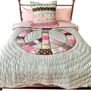 Pottery Barn Quilt Comforter Matching Set Peace Sign Sham Twin Patchwork Boho